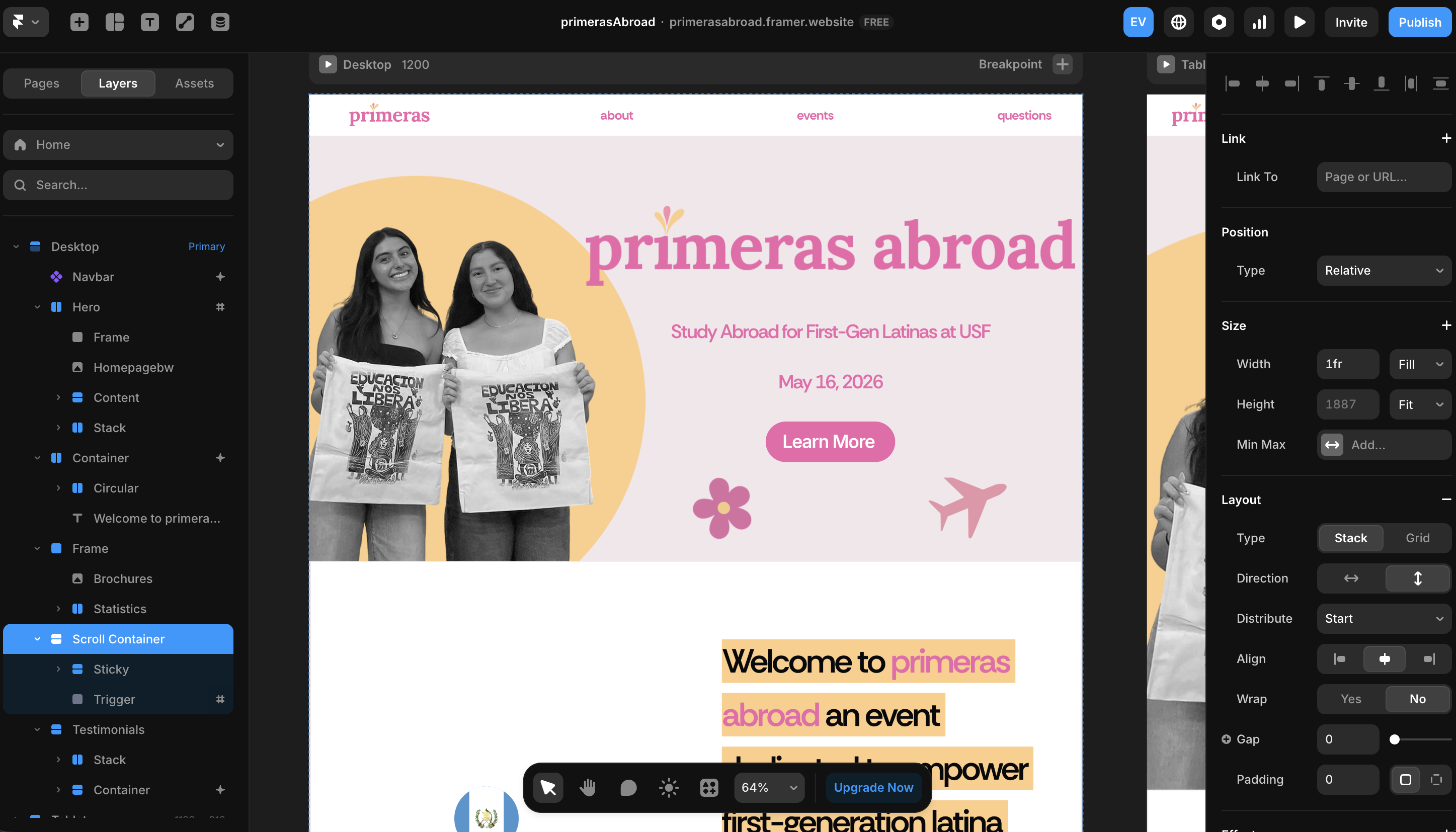 Framer workspace including the Primeras Abroad homepage and tools surrounding it.