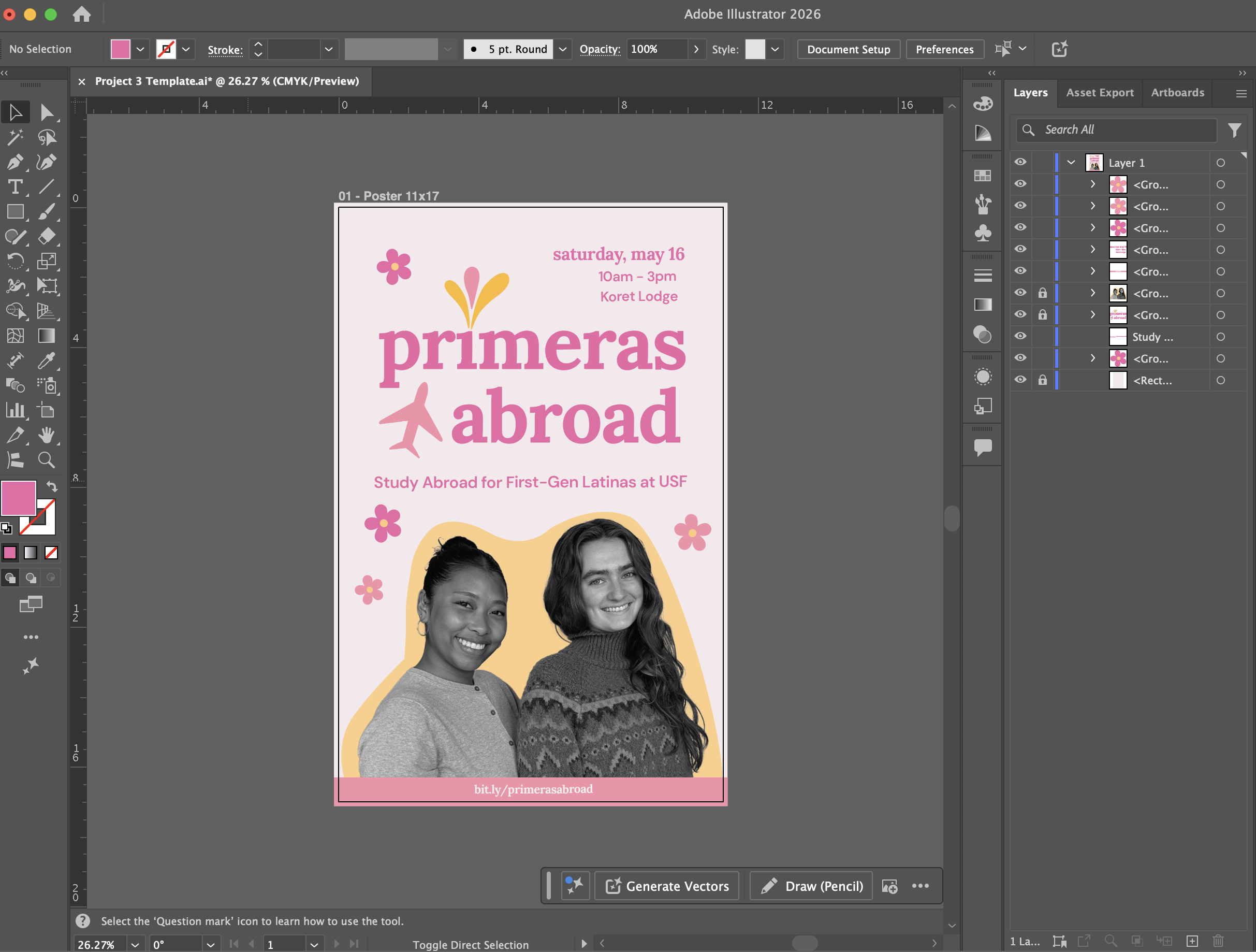 Poster of Primeras Abroad with two women facing forward and text surrounding them.